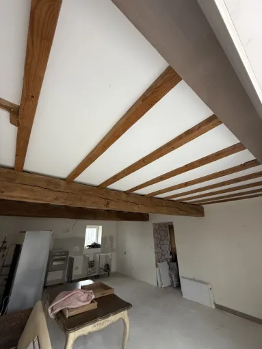 Création de faux plafonds entre des poutres existantes avec peinture et bandes à joints à Marcy-l'Étoile, Grézieu-la-Varenne, Matière et Nuance